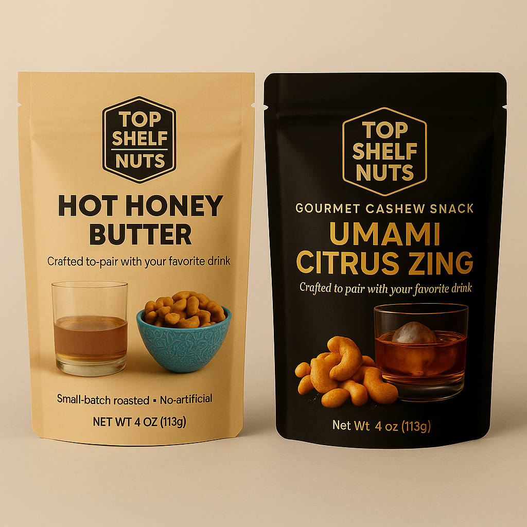 Top Shelf Nuts pouches: Umami Citrus Zing and Hot Honey Butter on a studio background