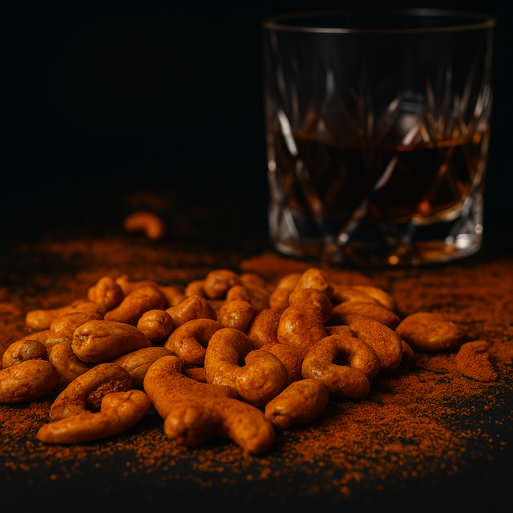 Roasted cashews with spice and a cut-glass whiskey tumbler